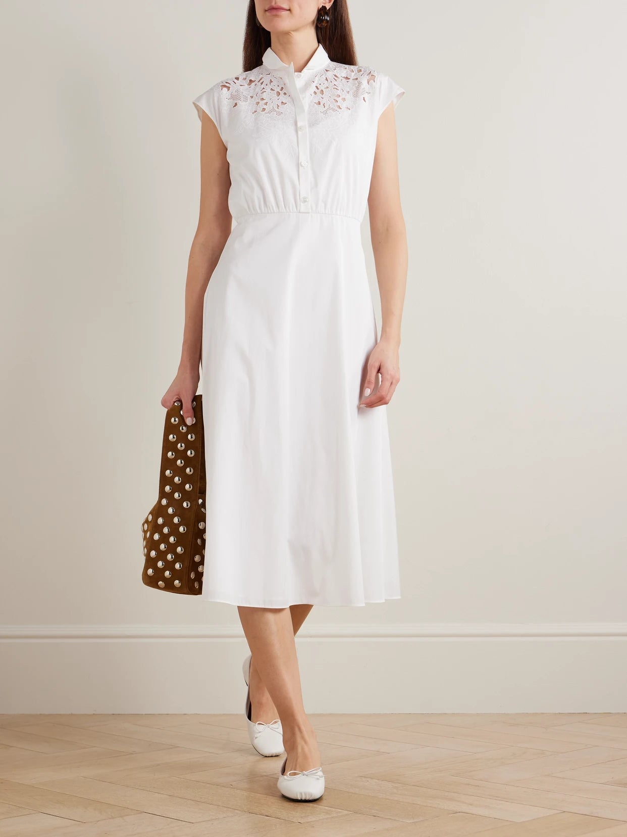 Image of Dresses. Product name - Broderie Anglaise-trimmed Cotton-poplin Midi Dress in White colour by brand - Valentino Garavani