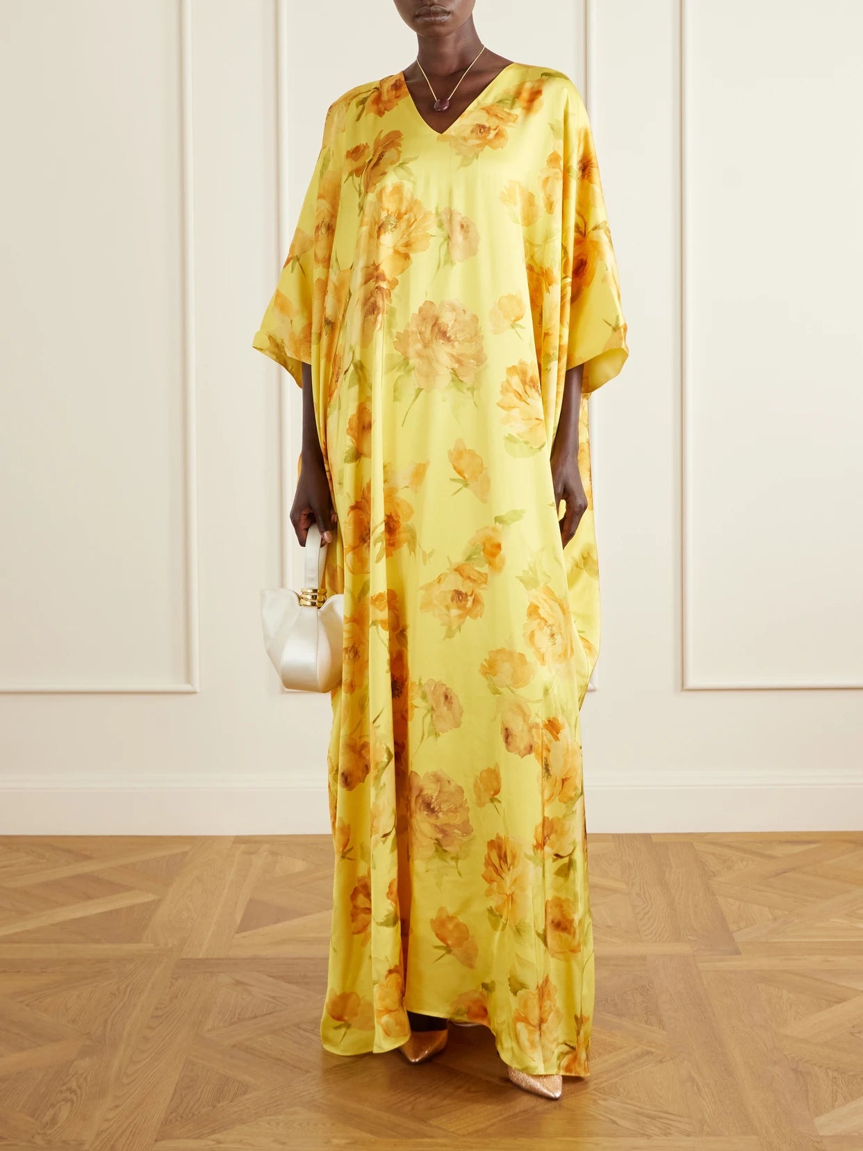 Image of Dresses. Product name - Floral-print Satin Gown in Yellow colour by brand - Dima Ayad