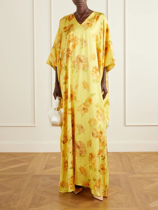 Image of Dresses. Product name - Floral-print Satin Gown in Yellow colour by brand - Dima Ayad