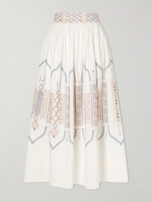 Image of a model wearing Skirts. Product name - Ombretta Embroidered Cotton-blend Poplin Midi Skirt in White colour by brand - Emporio Sirenuse