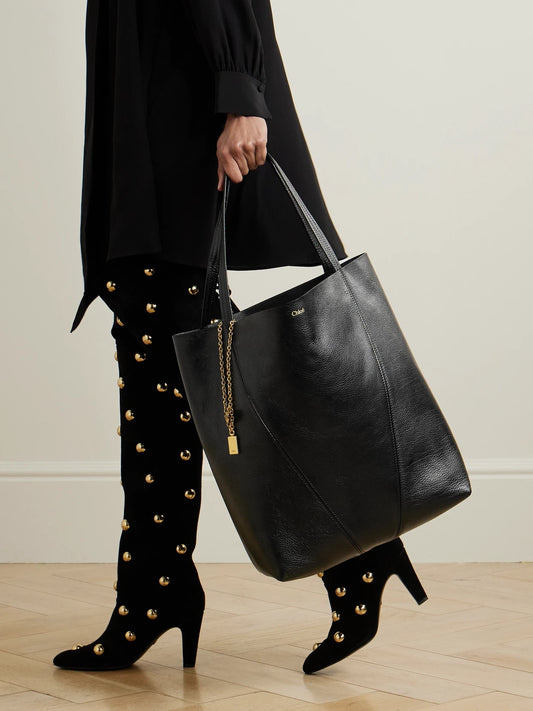 Image of Bags. Product name - Spin Embellished Paneled Textured-leather Tote in Black colour by brand - Chloé