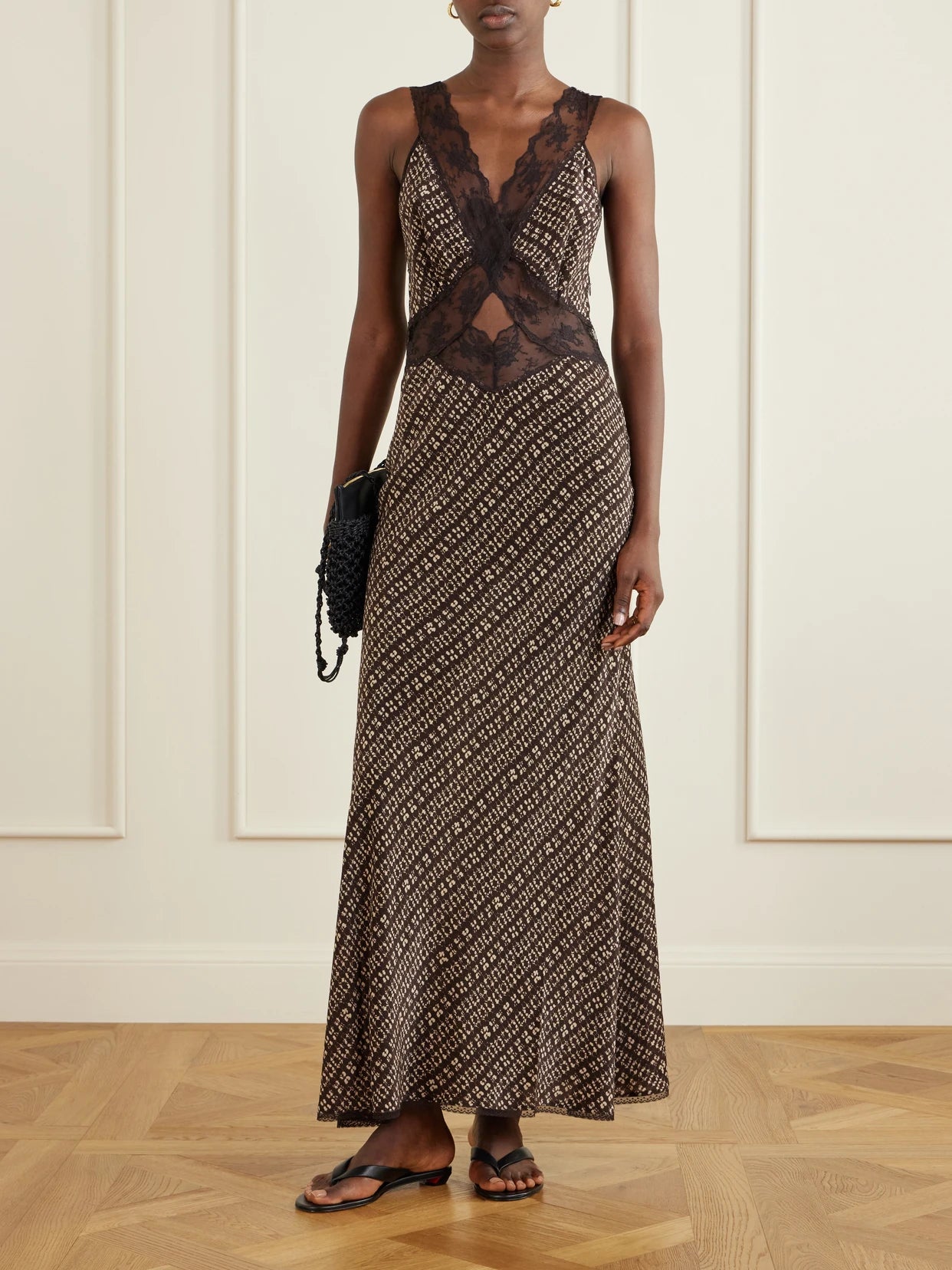 Image of Dresses. Product name - Astrid Satin And Lace Cut-out Dress in Brown colour by brand - SIR.