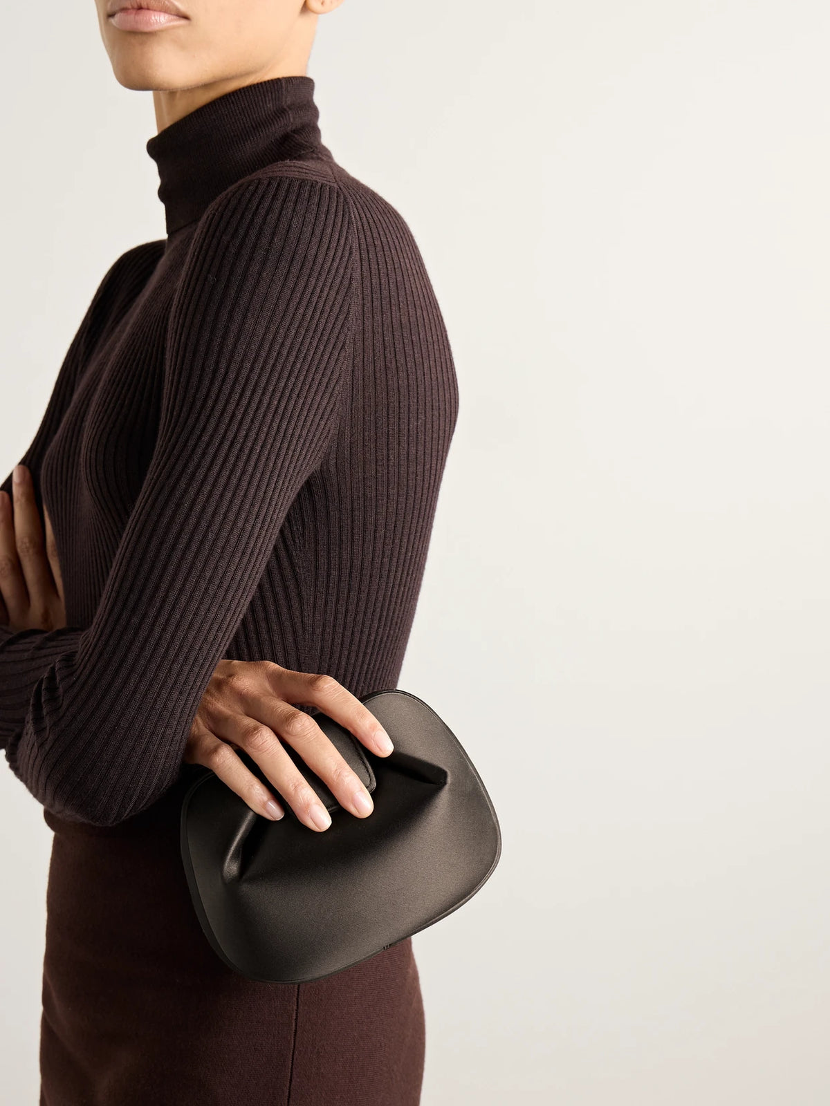 Image of Bags. Product name - Soft Demi Satin Clutch in Dark brown colour by brand - Gabriela Hearst