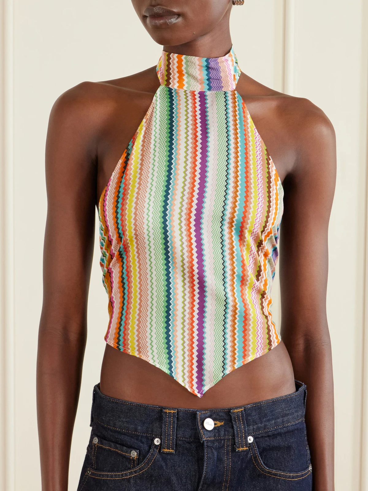 Striped Cotton And Silk-blend Crepe De Chine Halterneck Top