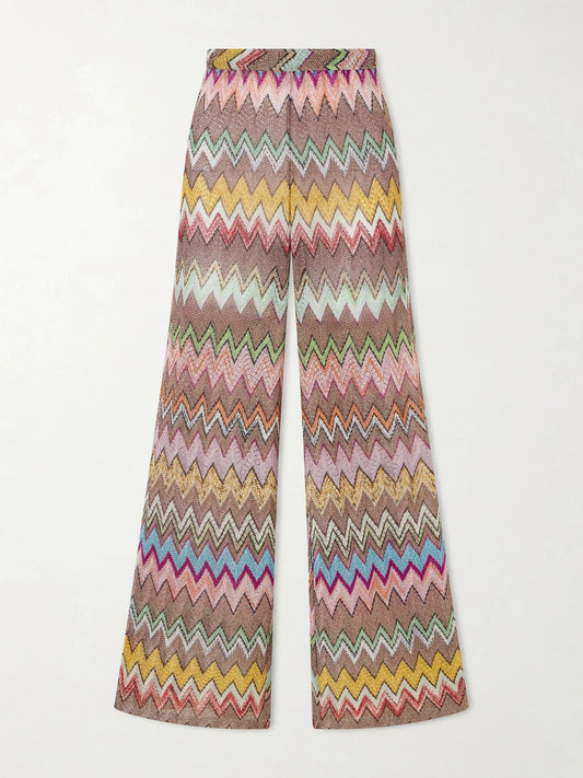 Image of a model wearing Pants. Product name - Striped Metallic Crochet-knit Wide-leg Pants in Multi colour by brand - Missoni