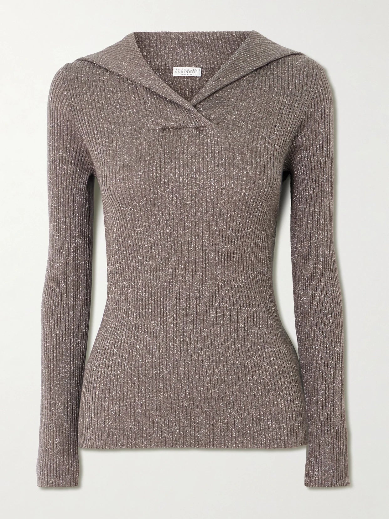 Image of a model wearing Outerwear. Product name - Ribbed Metallic Cashmere And Silk-blend Top in Dark brown colour by brand - Brunello Cucinelli