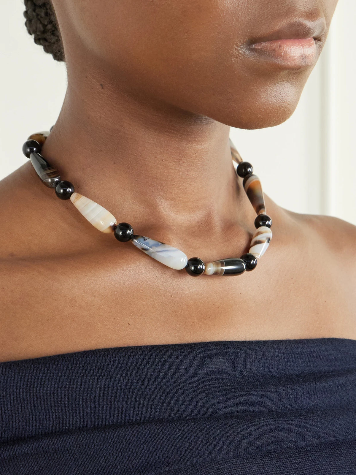 Image of Necklaces. Product name - The Depths Of Time Beaded Silver-plated Agate Necklace in Black colour by brand - Completedworks