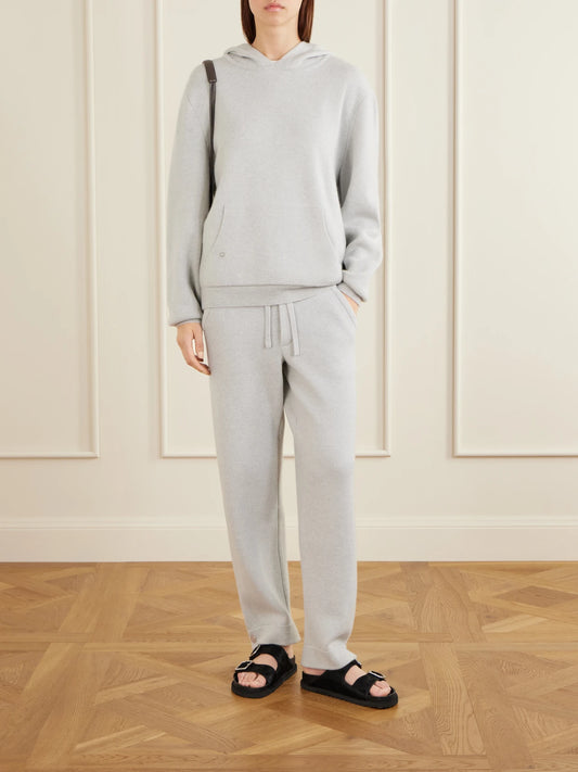 Image of a model wearing Pants. Product name - Zinc Cashmere Straight-leg Drawstring Pants in Gray colour by brand - God's True Cashmere