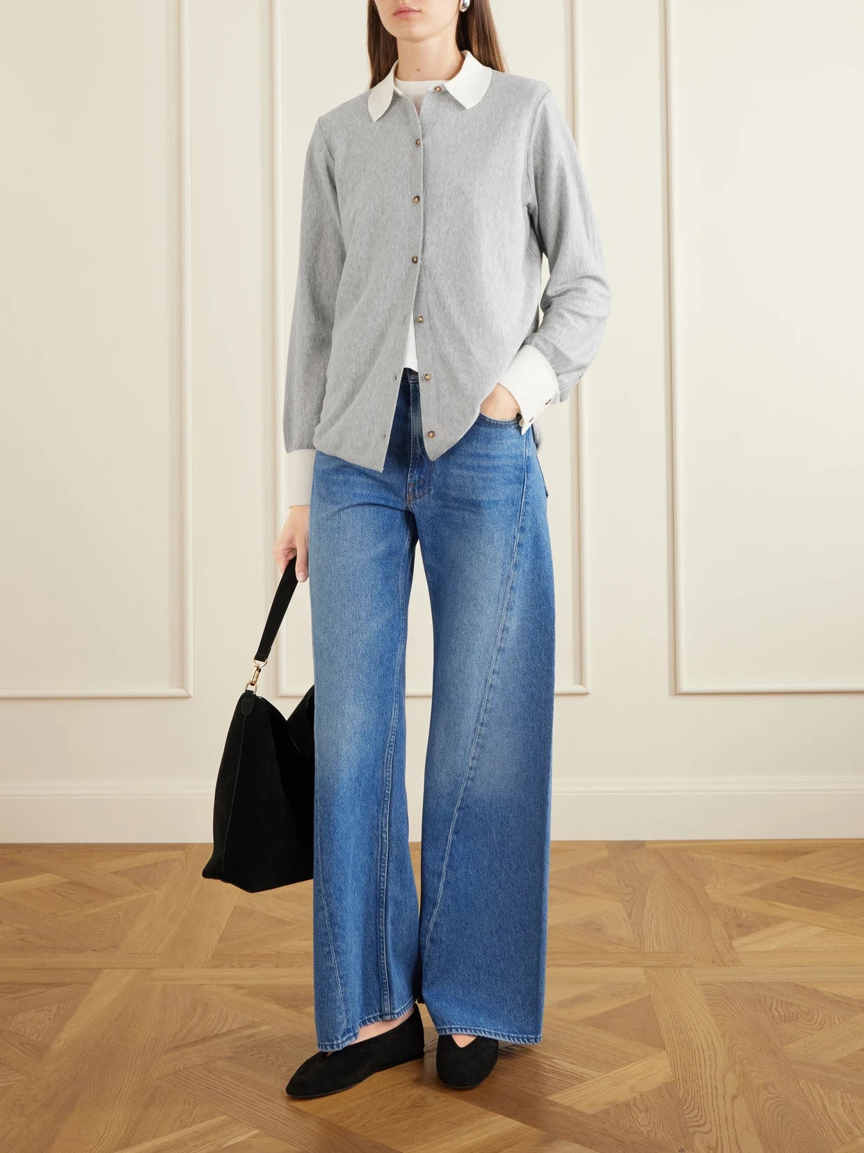 Image of a model wearing Tops. Product name - Knitted Cotton-blend Shirt in Gray colour by brand - La Ligne