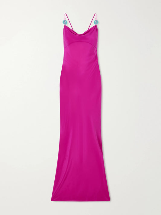 Image of Dresses. Product name - Palm Turquoise-embellished Silk-chiffon Maxi Dress in Magenta colour by brand - Sara Cristina