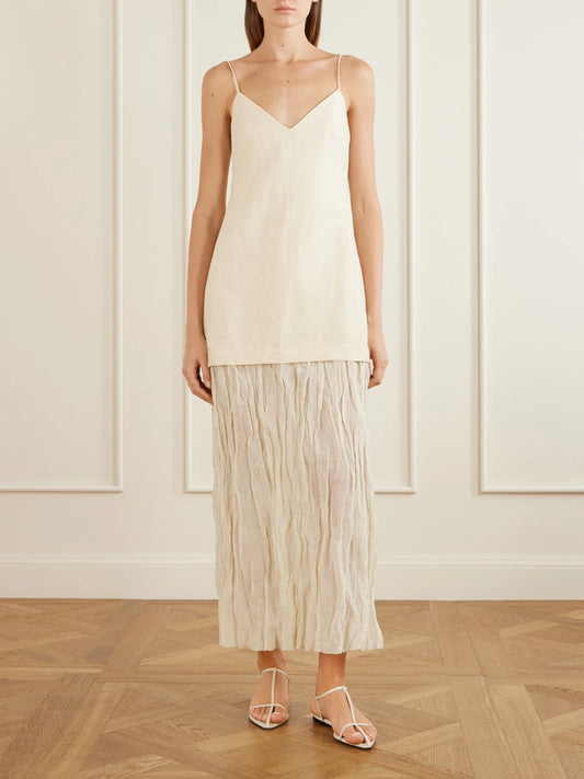 Image of Dresses. Product name - Linen-blend And Chiffon Midi Dress in Cream colour by brand - RÓHE