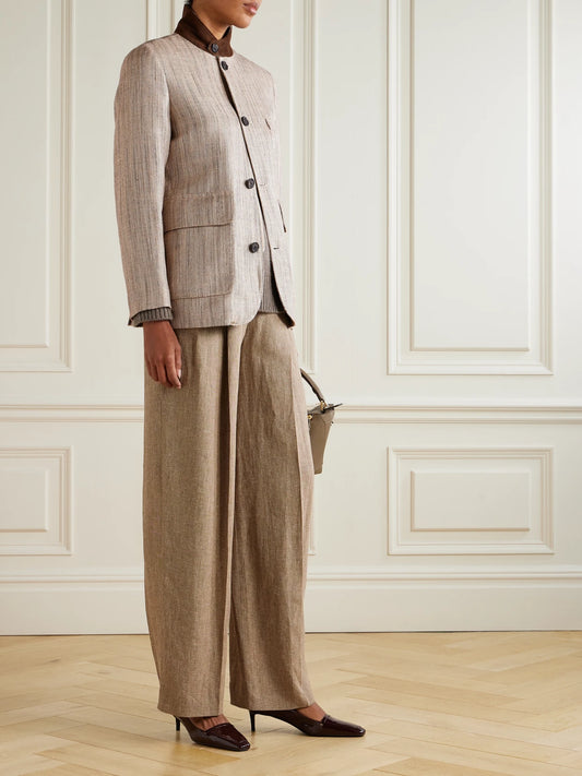 Image of Coats & Jackets. Product name - Suede-trimmed Silk And Linen-blend Jacket in Light brown colour by brand - Loro Piana