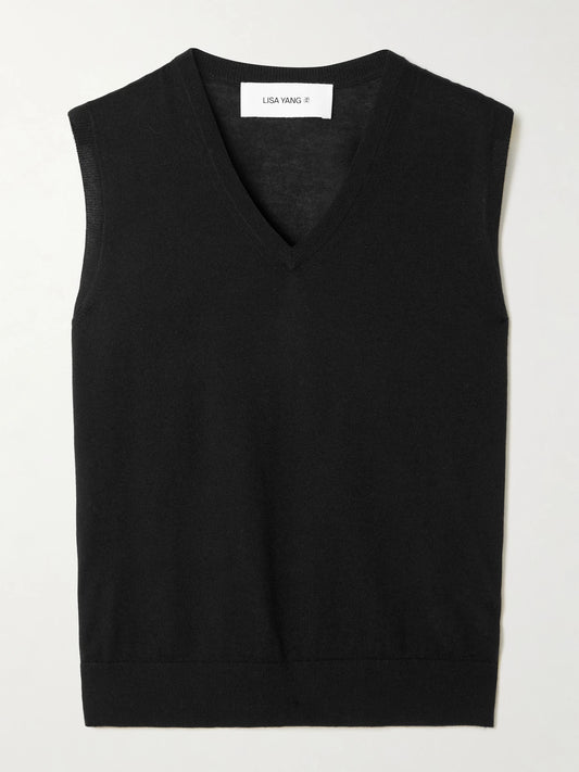 Image of a model wearing Outerwear. Product name - Lauri Cashmere Vest in Black colour by brand - LISA YANG