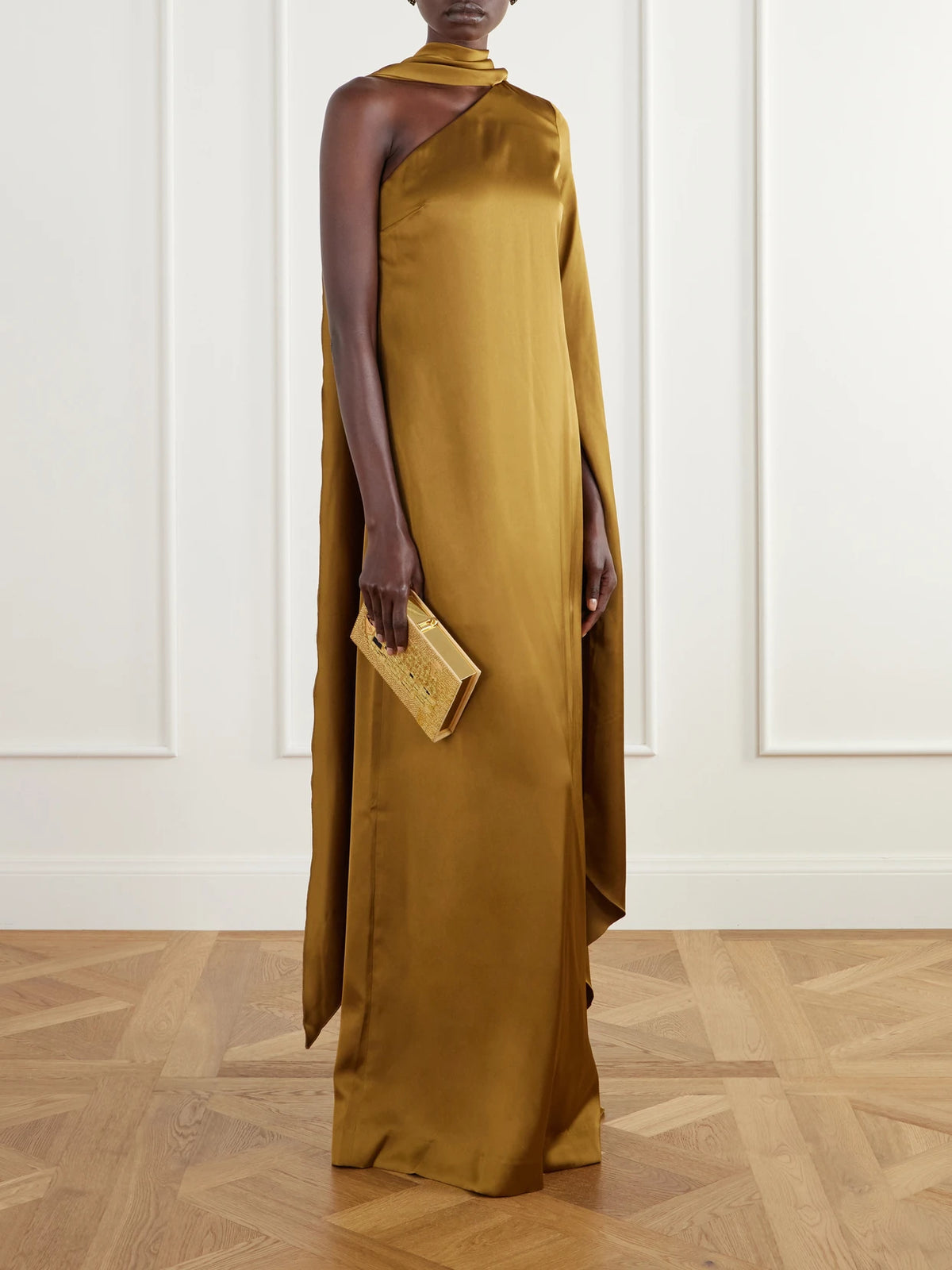 Image of Dresses. Product name - Newman One-shoulder Scarf-detail Satin Gown in Gold colour by brand - Solace London