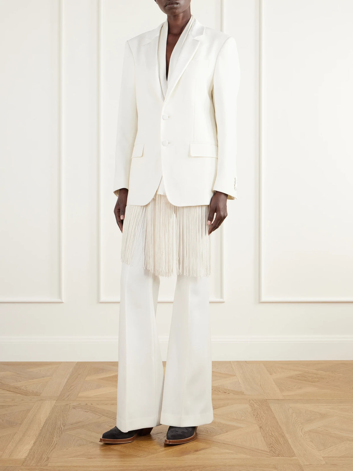 Image of Scarves & Shawls. Product name - Loma Fringe-detail Silk-satin Scarf in White colour by brand - Gabriela Hearst
