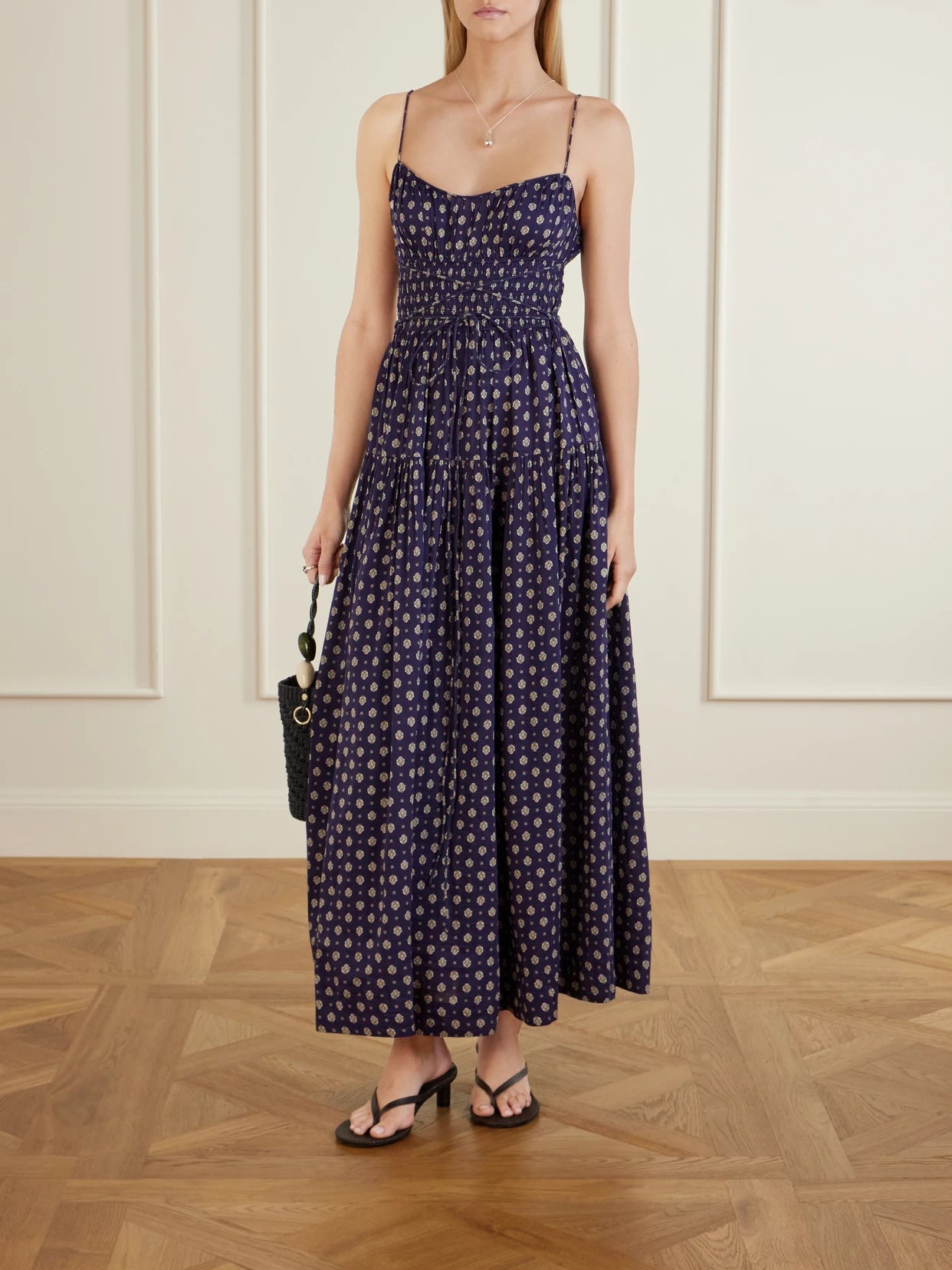 Image of Dresses. Product name - Safia Smocked Printed Cotton And Silk-blend Voile Maxi Dress in Multi colour by brand - DÔEN