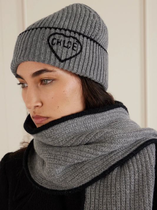 Image of Hats. Product name - Coeur Embroidered Ribbed Wool And Cashmere-blend Beanie in Gray colour by brand - Chloé