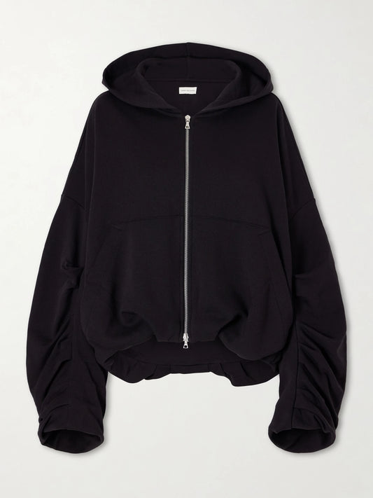 Image of Sleepwear & Loungewear. Product name - Cotton-jersey Zip-up Hoodie in Black colour by brand - Dries Van Noten