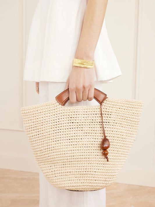 Image of Bags. Product name - Leather-trimmed Raffia Tote in Beige colour by brand - Hunting Season