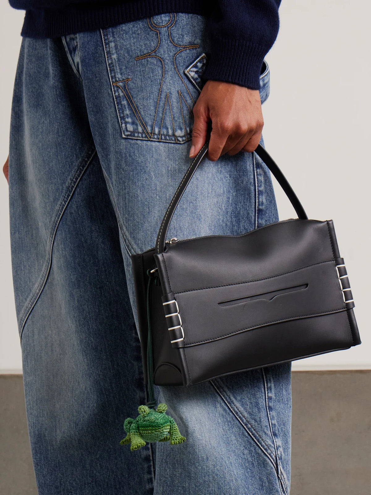Image of Keychains. Product name - Frog Crocheted Cotton And Leather Bag Charm in Green colour by brand - JW Anderson