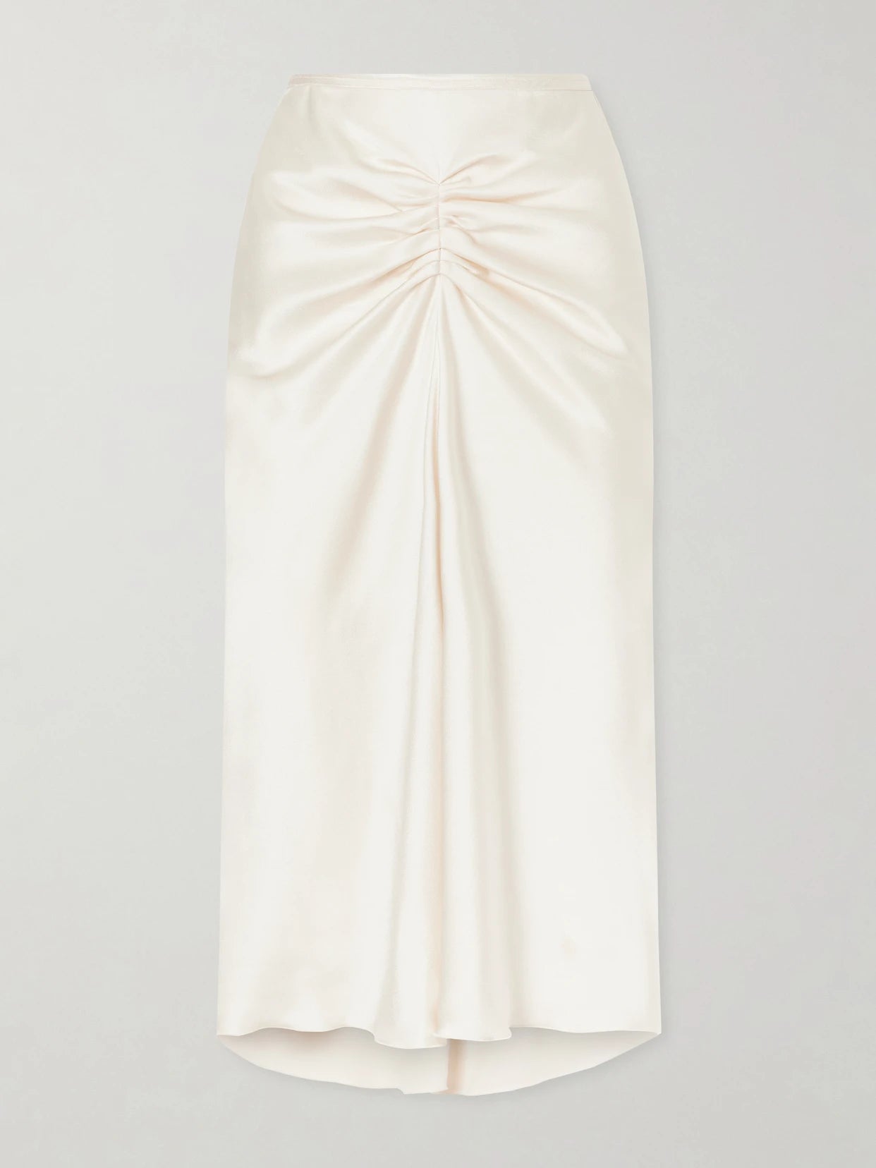 Image of a model wearing Skirts. Product name - Bela Ruched Satin Midi Skirt in Off-white colour by brand - Victoria Beckham