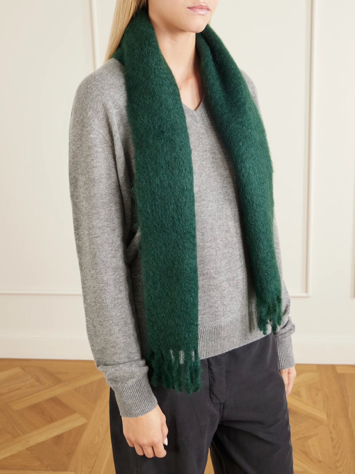 Image of Scarves & Shawls. Product name - Creana Fringed Mohair And Wool-blend Scarf in Forest green colour by brand - The Row