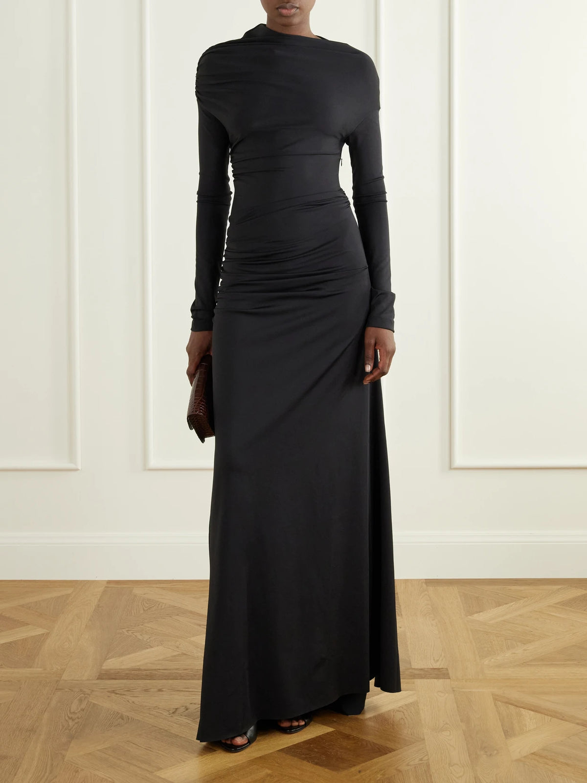 Image of Dresses. Product name - Draped Stretch-jersey Gown in Black colour by brand - Victoria Beckham