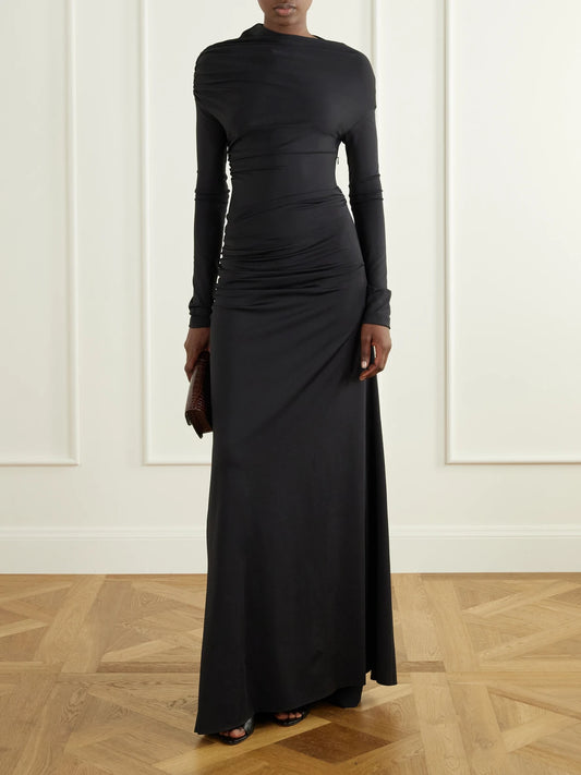 Image of Dresses. Product name - Draped Stretch-jersey Gown in Black colour by brand - Victoria Beckham