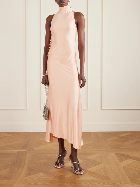 Image of Dresses. Product name - Embellished Gathered Satin Midi Dress in Peach colour by brand - RABANNE