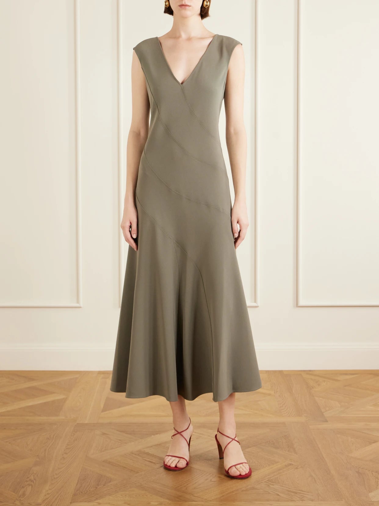 Image of Dresses. Product name - Romana Pleated Crepe Midi Dress in Taupe colour by brand - Proenza Schouler
