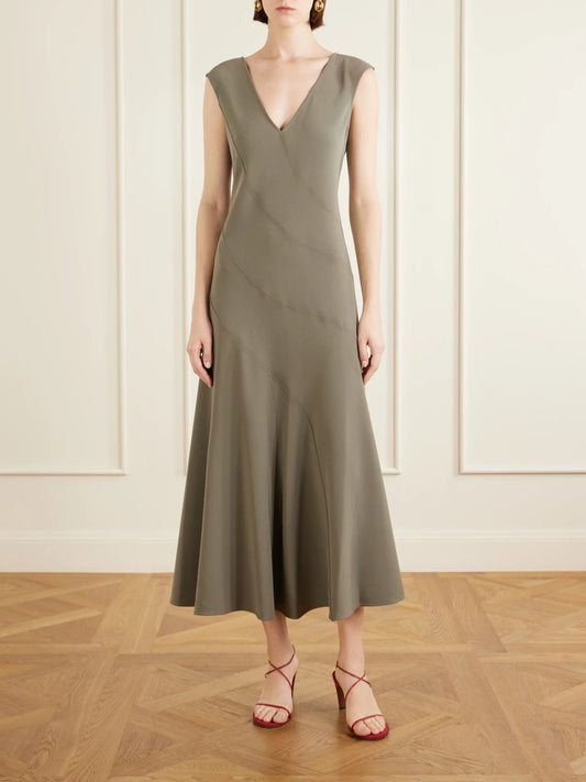 Image of Dresses. Product name - Romana Pleated Crepe Midi Dress in Taupe colour by brand - Proenza Schouler