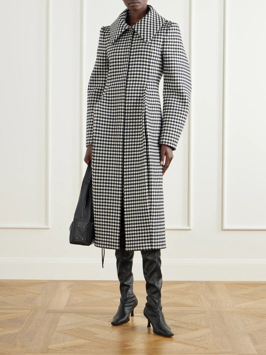Image of Coats & Jackets. Product name - Gingham Wool-blend Long Coat in Black colour by brand - Jean Paul Gaultier