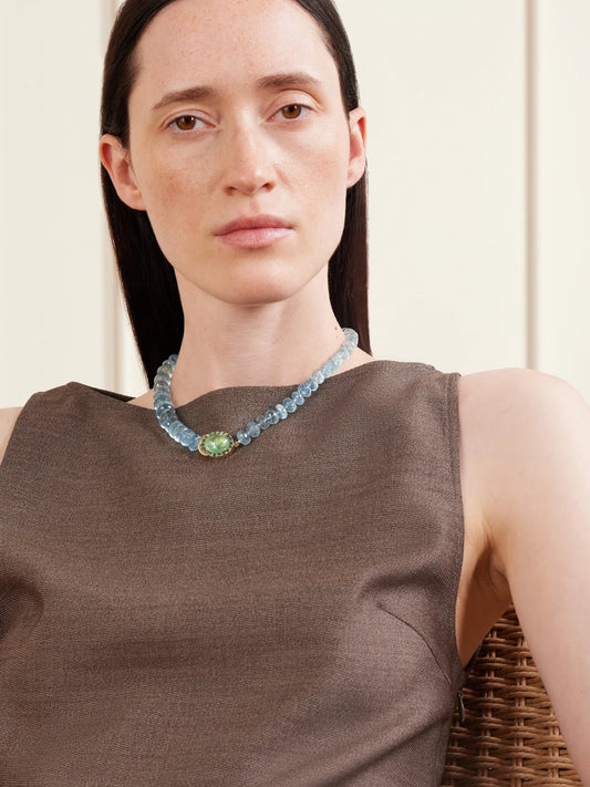 Image of Necklaces. Product name - 18-karat Gold, Aquamarine, Tourmaline And Blue Diamond Beaded Necklace in Turquoise colour by brand - Ileana Makri