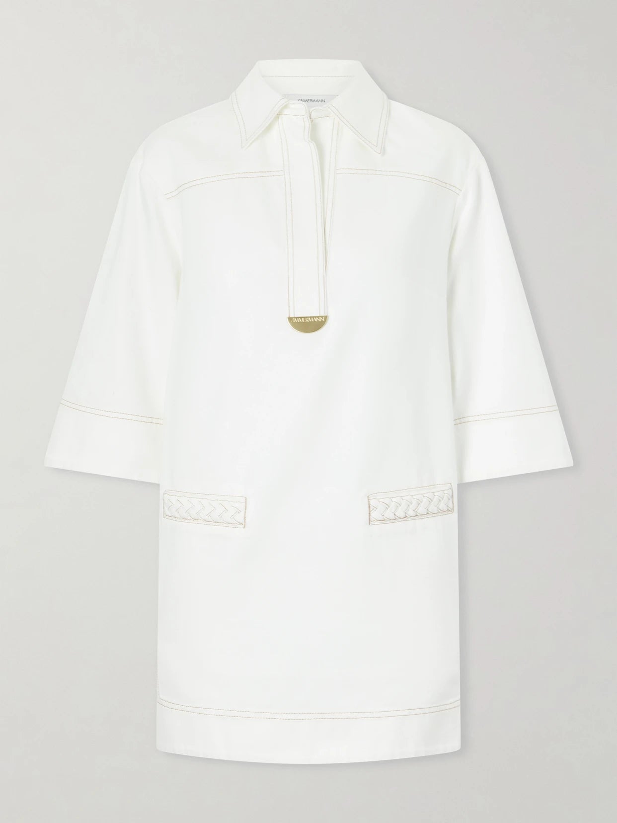 Image of Dresses. Product name - Roselight Paneled Denim Mini Dress in White colour by brand - Zimmermann