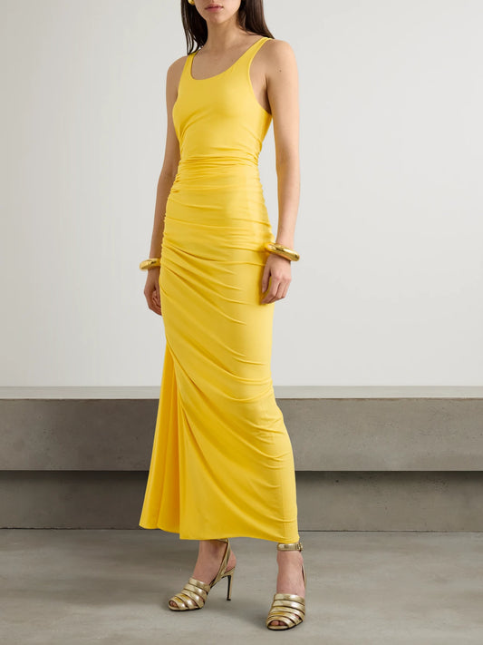 Image of Dresses. Product name - Gathered Stretch-jersey Midi Dress in Yellow colour by brand - Alaïa