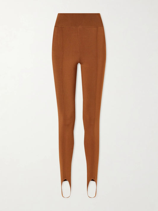 Image of a model wearing Pants. Product name - Stretch-jersey Tapered Leggings in Brown colour by brand - Chloé
