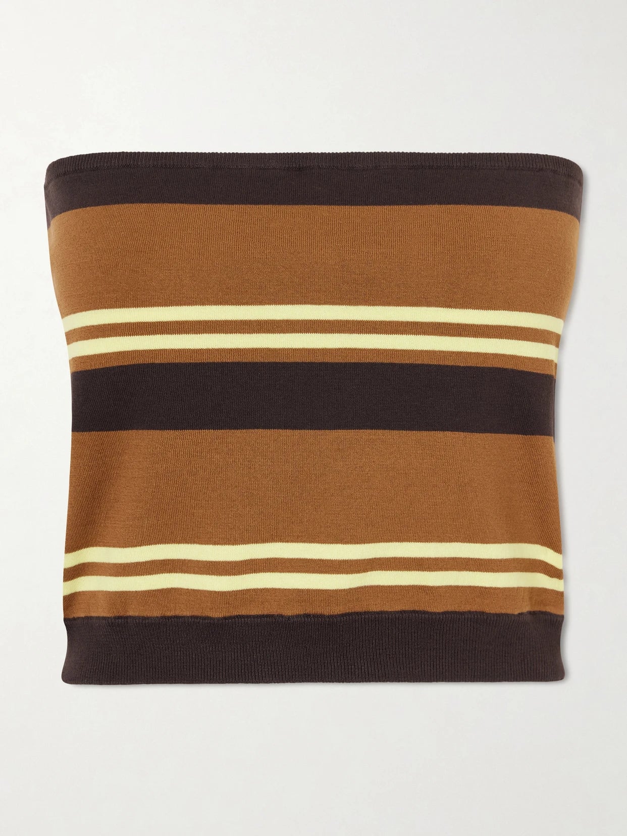 Image of a model wearing Tops. Product name - Strapless Striped Cotton Tank in Brown colour by brand - Tibi