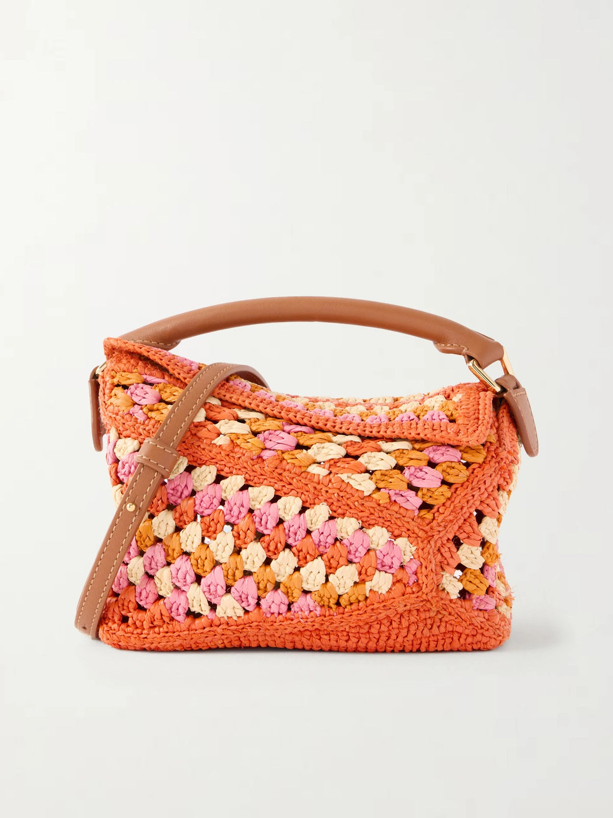 + Paula's Ibiza Puzzle Edge Mini Leather-trimmed Crocheted Raffia Shoulder Bag
