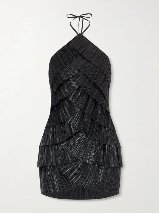 Image of Dresses. Product name - Marsla Plissé-satin Halterneck Mini Dress in Black colour by brand - Cult Gaia