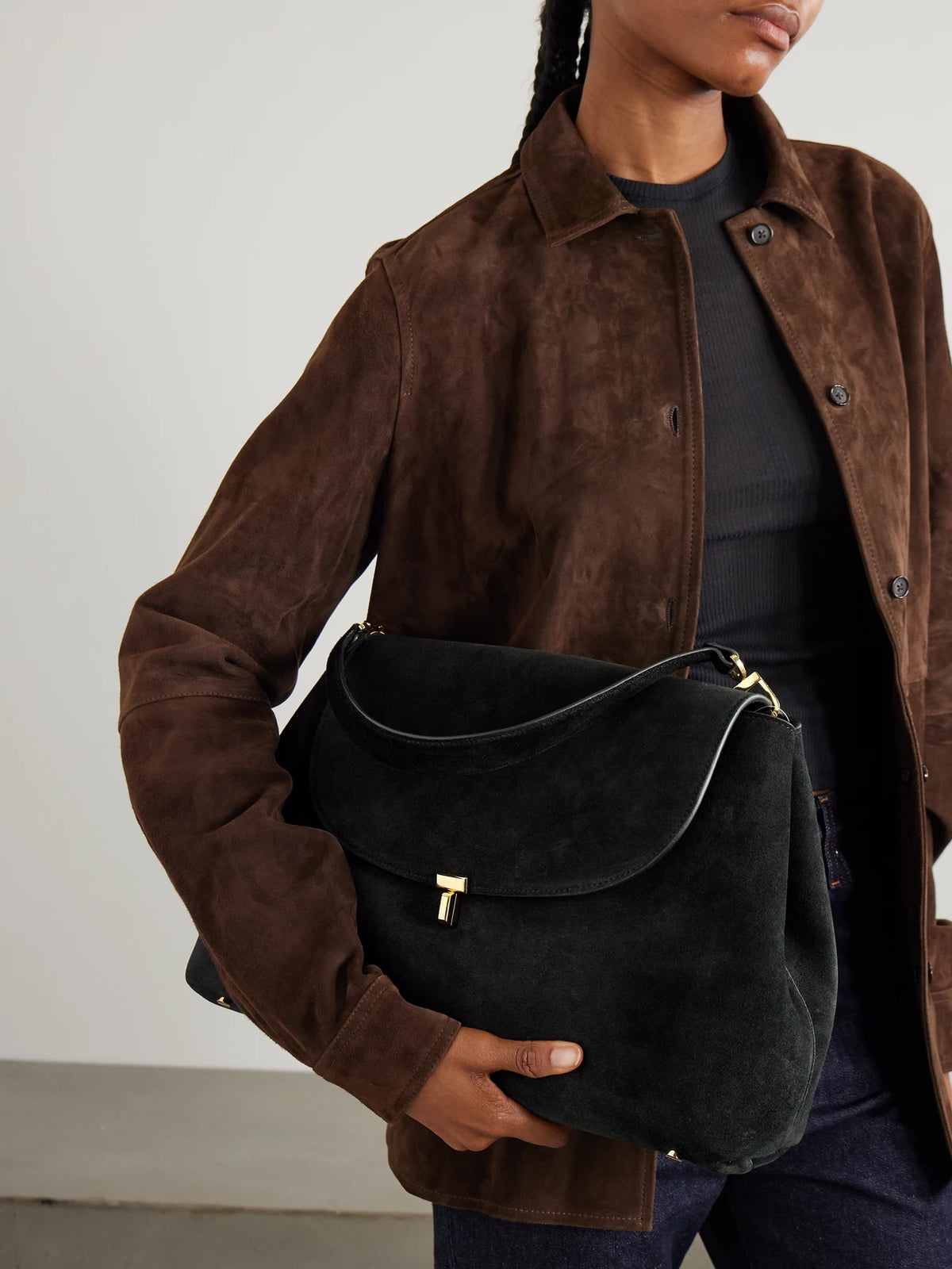 Image of Bags. Product name - T-lock Suede Shoulder Bag in Black colour by brand - TOTEME
