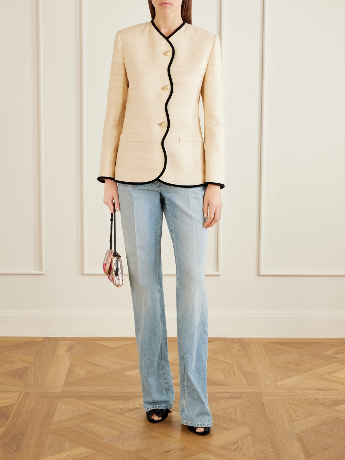 Image of Bags. Product name - Devain Leather-trimmed Sequined Shoulder Bag in Multi colour by brand - Valentino Garavani