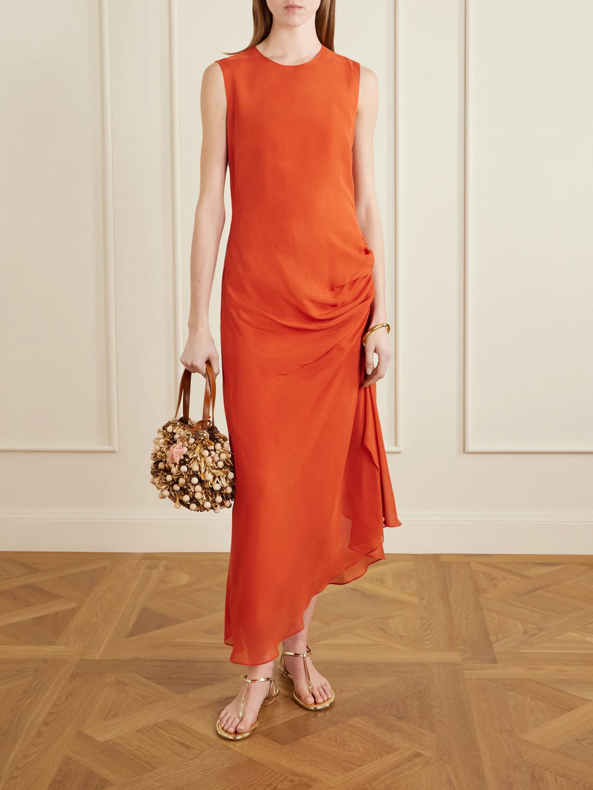 Image of Bags. Product name - Pom Pom Leather-trimmed Beaded Woven Raffia Mini Bag in Neutral colour by brand - Aquazzura