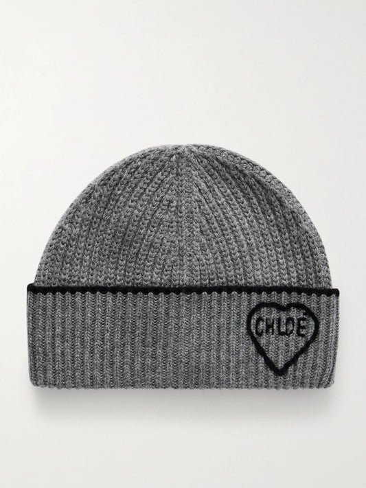 Coeur Embroidered Ribbed Wool And Cashmere-blend Beanie