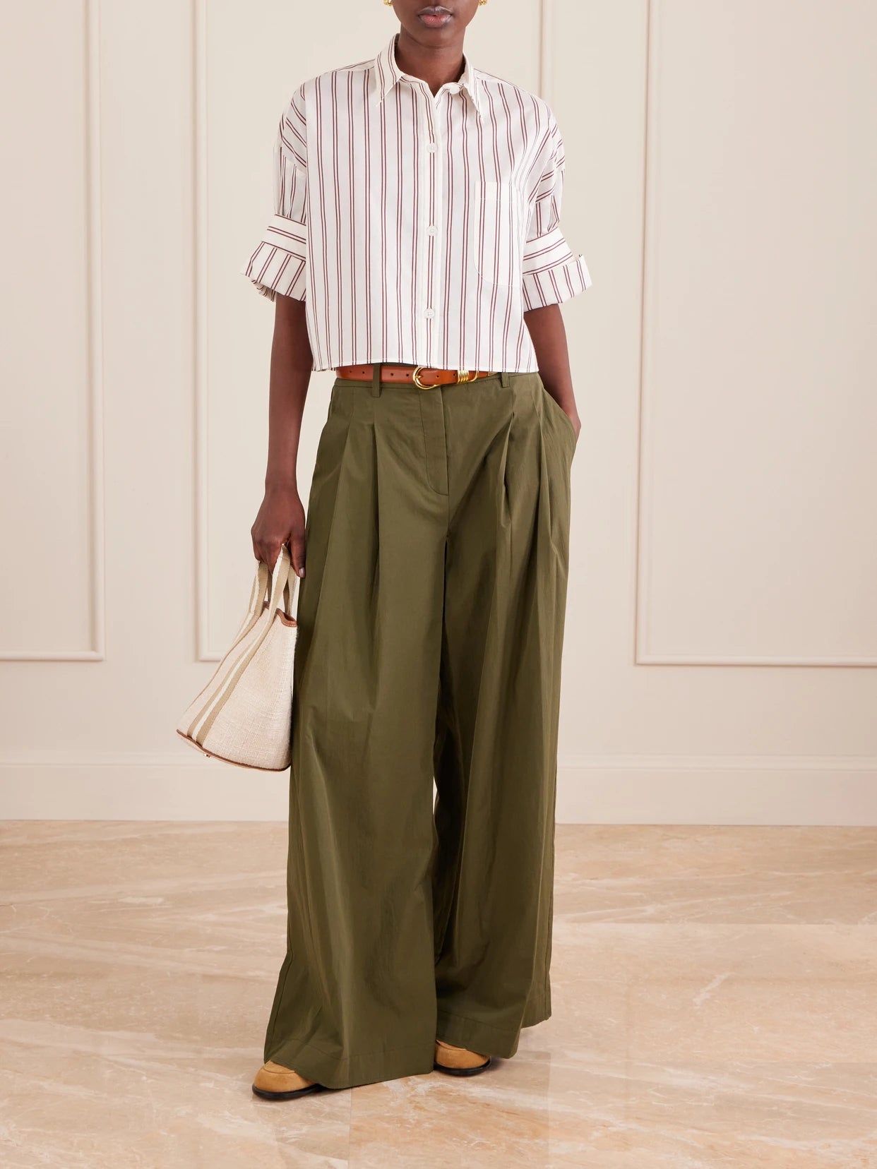 Image of a model wearing Tops. Product name - Next Ex Cropped Striped Cotton And Silk-blend Shirt in Multi colour by brand - TWP