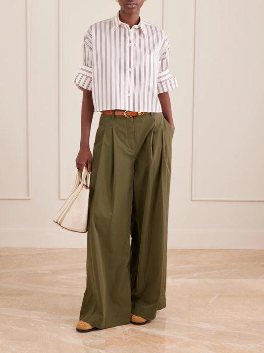 Image of a model wearing Tops. Product name - Next Ex Cropped Striped Cotton And Silk-blend Shirt in Multi colour by brand - TWP