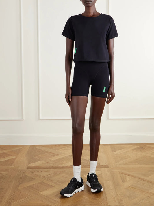 Image of T-Shirts. Product name - Cropped Logo-appliquéd Stretch-jersey T-shirt in Black colour by brand - District Vision