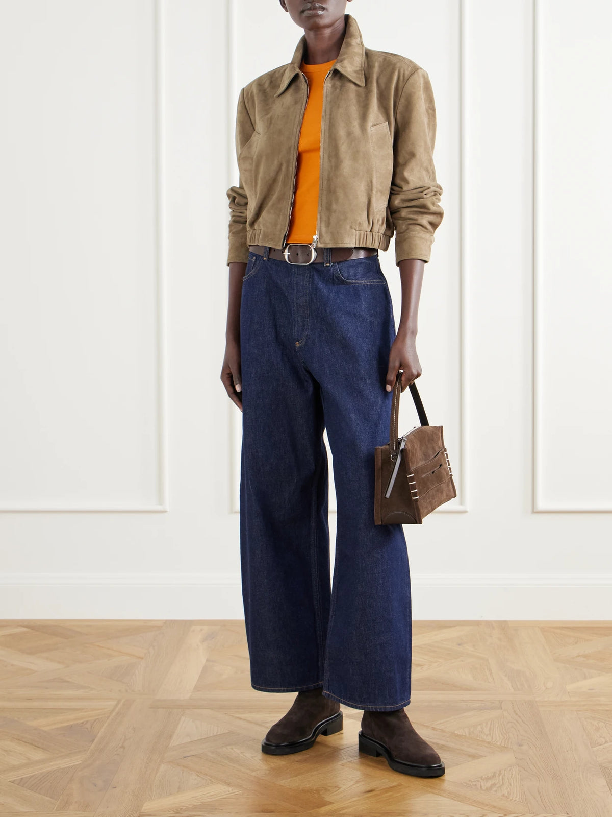 Image of Coats & Jackets. Product name - Nahla Cropped Suede Jacket in Tan colour by brand - AGOLDE