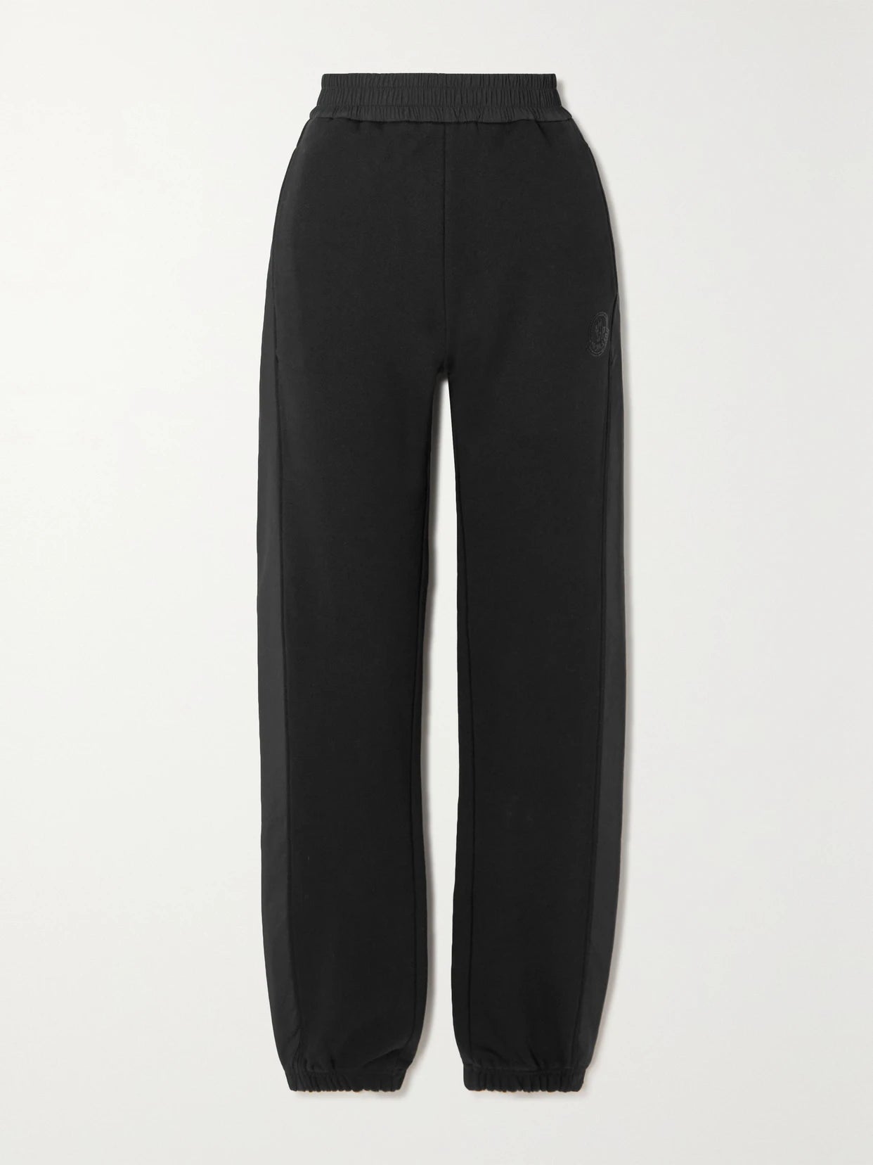 Image of Sleepwear & Loungewear. Product name - Embellished Shell-trimmed Cotton-jersey Track Pants in Black colour by brand - Moncler