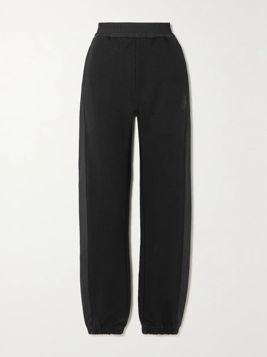 Image of Sleepwear & Loungewear. Product name - Embellished Shell-trimmed Cotton-jersey Track Pants in Black colour by brand - Moncler