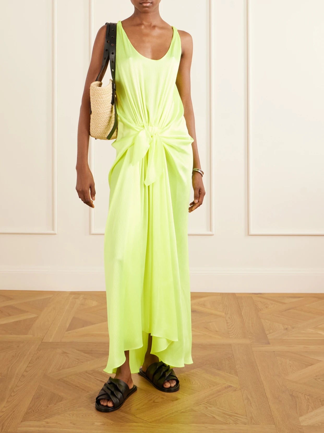 Image of Dresses. Product name - Tie-detailed Crinkled-silk Midi Dress in Bright yellow colour by brand - JW Anderson